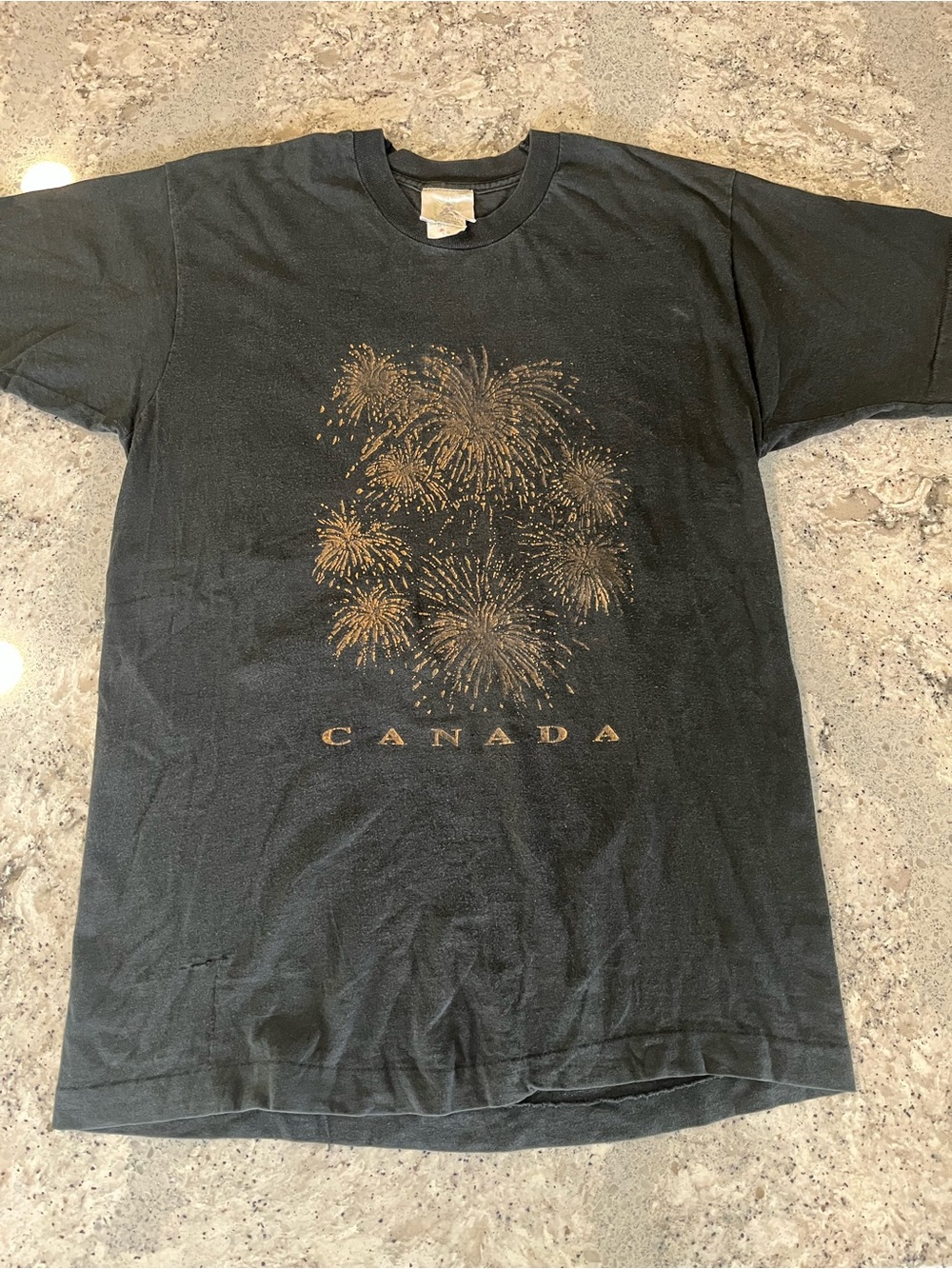Vintage 90s Canada Fireworks Graphic Tee - Black with Gold Print